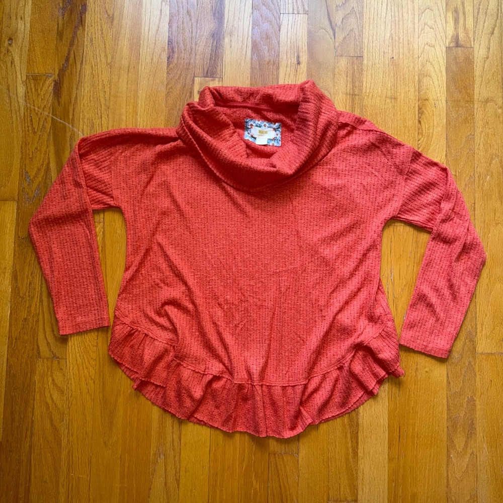 Maeve Anthropologie Cowl Neck Waffle Knit Ruffle Hem Top Coral Orange Small Fall